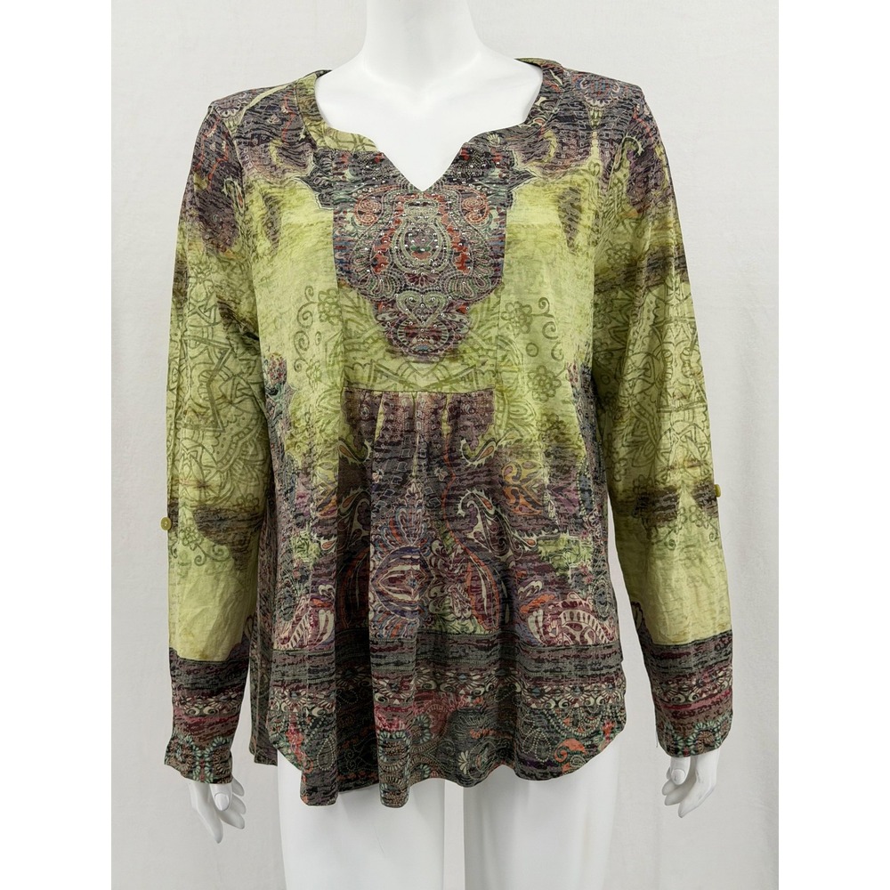 One World Top Women 1X Green Paisley Boho Sheer Long Roll Tab Sleeve Embellished
